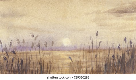 Abstract brown-violet water-color painted landscape: sunset with a path in the water, through the dry grass and reeds