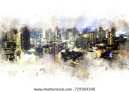 Abstract Building in the city at night on watercolor painting background. City on Digital illustration brush to art.