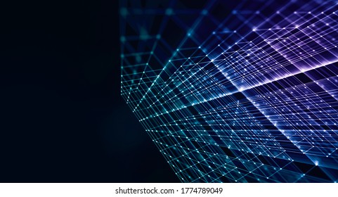 Abstract Building Structure Background With Connection Of Dots, Lines And Light. Tech And Business Data Concept Colorful Blue And Purple.