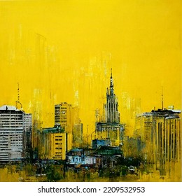 Abstract buildings in city on watercolor painting. City on digital generated illustrated contemporary art. City scape watercolor painting in yellow and black colors. - Powered by Shutterstock