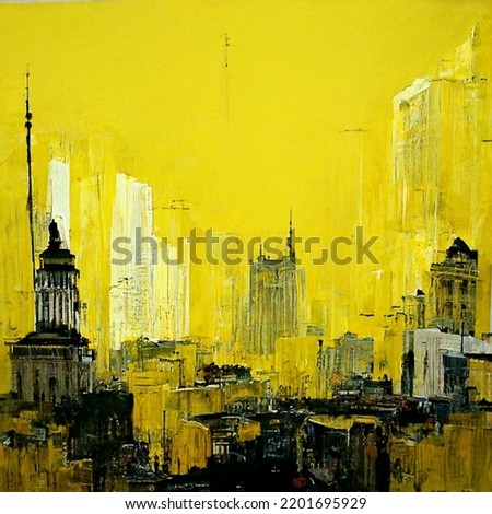Abstract buildings in city on watercolor painting. City on digital generated illustrated contemporary art. City scape watercolor painting in yellow and grey colors.