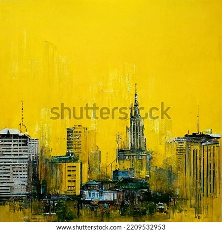 Abstract buildings in city on watercolor painting. City on digital generated illustrated contemporary art. City scape watercolor painting in yellow and black colors.