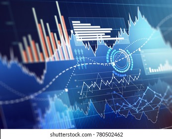 Abstract Business Chart With Uptrend Line Graph, Bar Chart And Diagram In Bull Market On Dark Blue Background.