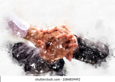 Abstract Business Handshake On Watercolor Painting Background.