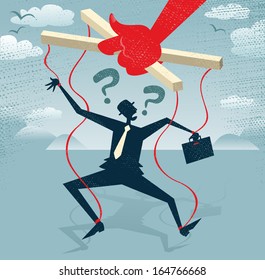 Abstract Businessman is a Puppet.  Great illustration of Retro styled Businessman caught up in bureaucratic red tape like a Puppet on a string.