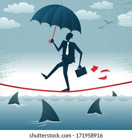 Abstract Businessman walks Tightrope with Confidence. Great illustration of Retro styled Businessman walking carefully across a very high tightrope with his umbrella for added protection.  