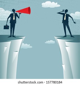 Abstract Businessmen communicating from distance. Great illustration of Businessman standing on the cliffs shouting through a loudspeaker to his colleague who is trying to hear him. - Powered by Shutterstock