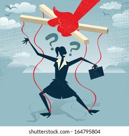 Abstract Businesswoman is a Puppet.  Great illustration of Retro styled Businesswoman caught up in bureaucratic red tape like a Puppet on a string.