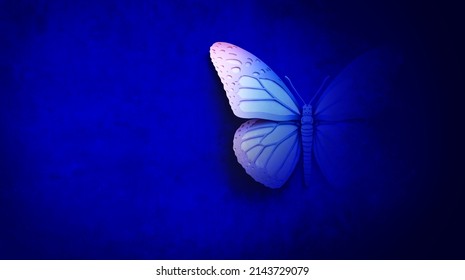 Abstract Butterfly On A Blue Background As A Symbol Of Transformation And Spiritual Healing Or Rebirth In A Lifecycle  In A 3d Illustration Style On White.