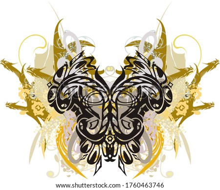 Abstract butterfly wings with dragon elements. Ornamental butterfly wings with golden dragon elements and floral colored splashes for wallpaper, prints on t-shirts, textiles, decorative compositions