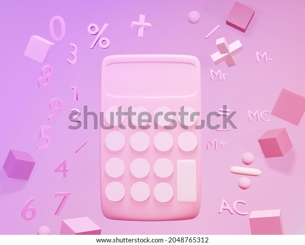 abstract Calculator and basic math operation\
symbols math, plus, minus, multiplication, number divide on pink\
background. Mathematic learning education concept. minimal cartoon\
style 3d\
render.\

