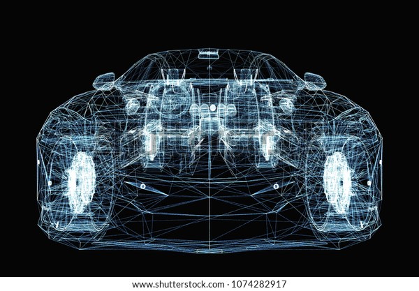 Abstract car consisting of luminous\
lines and dots. 3d illustration on a black\
background