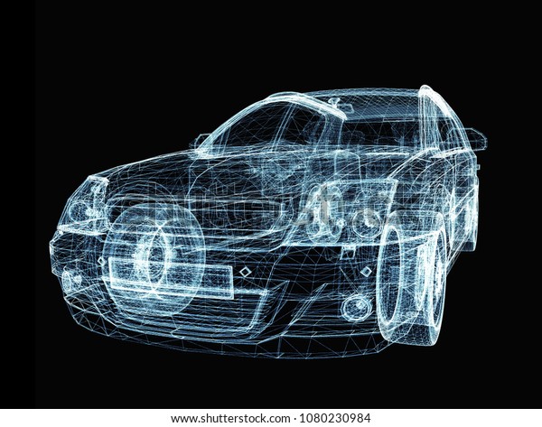 Abstract car consisting of luminous
lines and dots. 3d illustration on a black
background