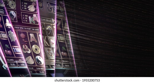 Abstract Casino Gambling Banner Featuring Themed Video Slot Game Symbols. 3D Rendered Illustration On Dark Background With Copy Space