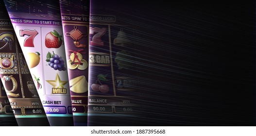 Abstract Casino Gambling Banner With Varieties Of Themed Video Slot Game Screens. 3D Rendered Illustration On Dark Background With Copy Space