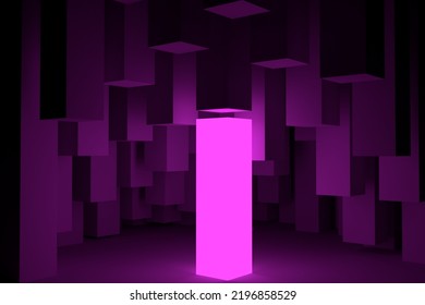 Abstract Cavern With Dark Solid Stone Columns And Glowing Radioactive Element. 3D Rendering. Black Cave.