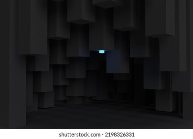 Abstract Cavern With Dark Solid Stone Columns And Glowing Radioactive Element. 3D Rendering. Black Cave.