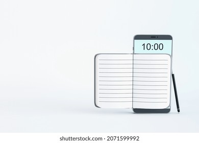 Abstract cellphone with notepad and pen on white background with mock up place. Phone notes and organizer concept. 3D Rendering