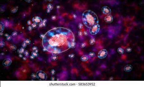 Abstract Cells Or Bacterias Or Germs Under A Microscope. 3d Rendering.