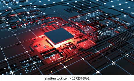 Abstract Central Computer Processors Concept. 3D illustration. Conceptual CPU on circuit board - PCB. Depth of field effect