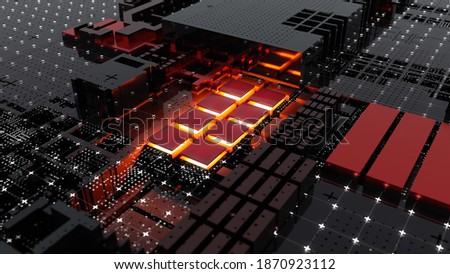 Abstract Central Computer Processors Concept. 3D illustration. Conceptual CPU on circuit board - PCB. Depth of field effect. CPUs are hot, their color are red.