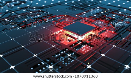 Abstract Central Computer Processors Concept. 3D illustration. Conceptual CPU on circuit board - PCB. Depth of field effect