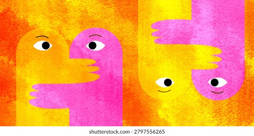 Abstract character figures hugging each other on orange backdrop