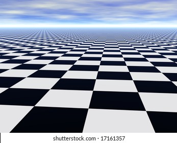 Abstract Chess Black And White Infinite Floor And Cloudy Blue Sky