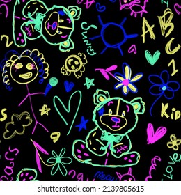 Abstract Child Drawing Teddy Bears Hearts Flowers Chalk Man And Hand Writing Words Seamless Pattern Isolated Background