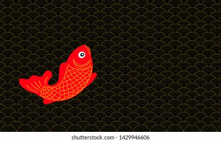Abstract chinese pattern style with red lucky fish on black sea illustration design background.