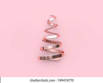 abstract christmas tree-ribbon coil metallic pink glossy reflection christmas holiday new year concept 3d rendering minimal pink background