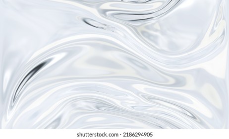 Abstract Chrome Background Glass Wave. Shimmering Texture 3d Render. Crystalline Liquid, Glossy Glass Liquid Silk. Plastic Design Element For Banner Background, Wallpaper