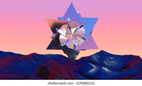 Abstract Chrome Shape Over Blue Landscape In Vaporwave Sunset. Background With Mysterious Surreal Shiny Object. 3D Illustration