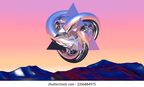 Abstract Chrome Shape Over Blue Landscape In Vaporwave Sunset. Background With Mysterious Surreal Shiny Object. 3D Illustration