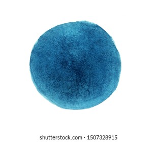 Abstract Circle Paint Stain Of Blue Color Isolated On White Background. Watercolor Brush Stroke Splash On Paper Texture With Granulation. Painted Label Background Patch