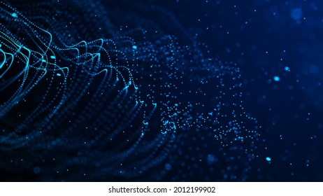 Abstract circle wave with moving dots. Flow of particles. Cyber technology illustration. 3d rendering