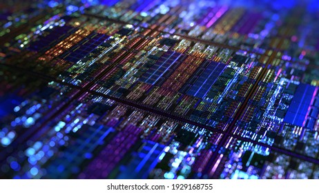 Abstract circuit background with neon lines and dots connecting together, DOF. Futuristic High Technology computer technology concept. 3D rendering.