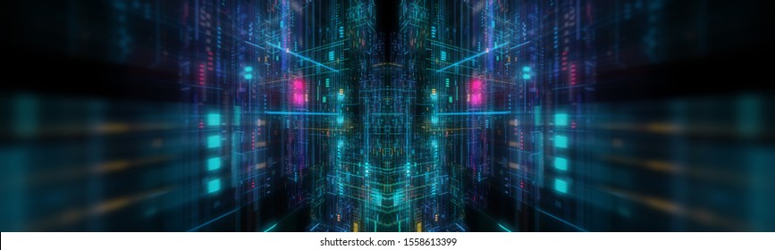 abstract circuitry with digital grid background, Data deep learning computer machine. AI artificial intelligence and ML machine learning concept. 3D render