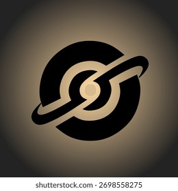 Abstract circular logo featuring a bold black ring and a stylized orbiting line around a glowing central core. The design evokes themes of technology, innovation, space, and connectivity
