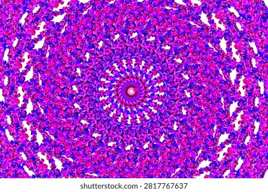 Abstract circular mosaic pattern in purple, pink, and magenta tones forming a mesmerizing radial composition, colorful geometric background for graphic design, branding, and digital media