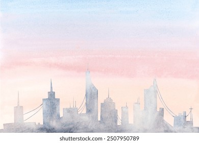 Abstract city silhouette on pastel pink and blue dawn sky watercolor illustration. Simple horizon metropolis of Dubai, New York or Los Angeles. Panoramic cityscape with skyscrapers during sunrise - Powered by Shutterstock