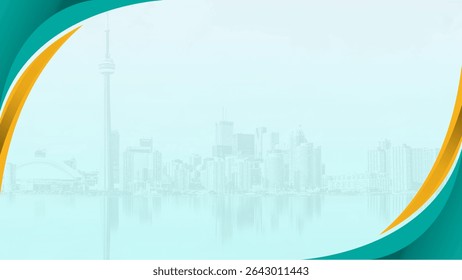 Abstract cityscape background with modern green and yellow curve elements. The faded skyline adds a professional and clean design element, making it suitable for corporate presentations, brochures.