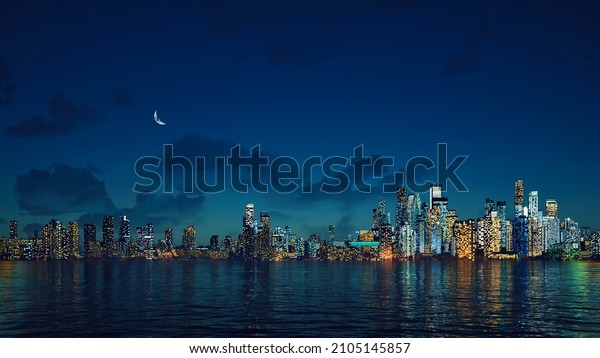 Abstract cityscape with modern high rise\
buildings skyscrapers and city lights reflected in mirror water\
surface of bay or lake under night sky with half moon. 3D\
illustration from my 3D\
rendering.