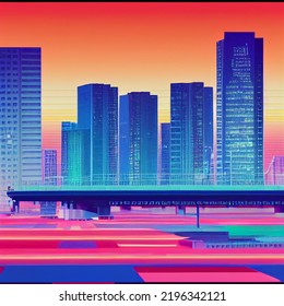 Abstract Of Cityscape In Retrowave City Pop Style, Modern Cyberpunk, 3d Rendering 