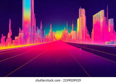 Abstract Of Cityscape In Retrowave City Pop Style, Modern Cyberpunk, 3d Rendering 