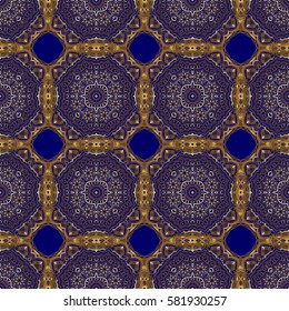 Abstract classic seamless pattern with golden elements on a blue background. Vintage floral ornament.