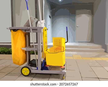 Abstract Cleaning Tools Cart In Department Store. Cleaning Tools Cart Parked In Walkway, Cleaning Tools Cart In Front Of Door.