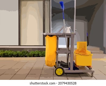 Abstract Cleaning Tools Cart In Department Store. Cleaning Tools Cart Parked In Walkway, Cleaning Tools Cart In Front Of Door.