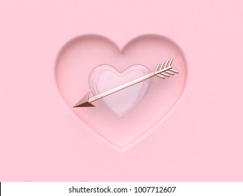 Abstract Clear Heart Pink Metallic Arrow Valentine Concept 3d Rendering