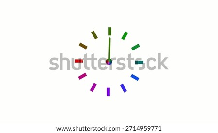 Abstract clock with multicolored rectangular hour markers and a green minute hand set on a white background